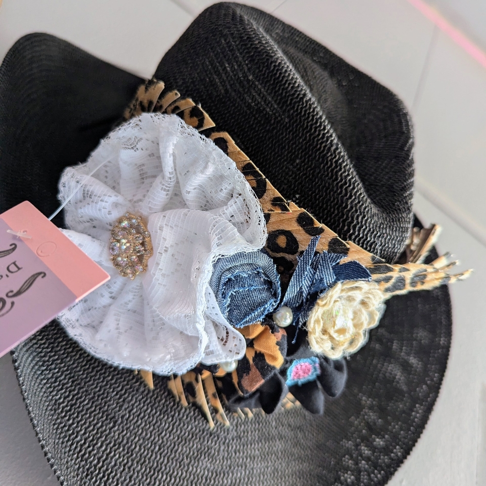 Floral Leopard Print Decorative For Hat Or Boot Wrap - White, Black & Tan